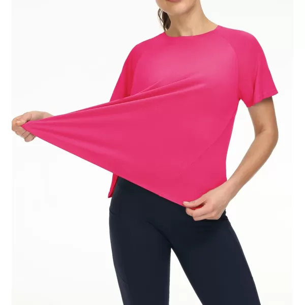 THE GYM PEOPLE Womens Short Sleeve Workout Shirts Breathable Yoga TShirts with Side Slits Athletic Tee TopsBright Pink