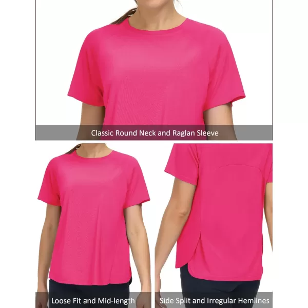 THE GYM PEOPLE Womens Short Sleeve Workout Shirts Breathable Yoga TShirts with Side Slits Athletic Tee TopsBright Pink