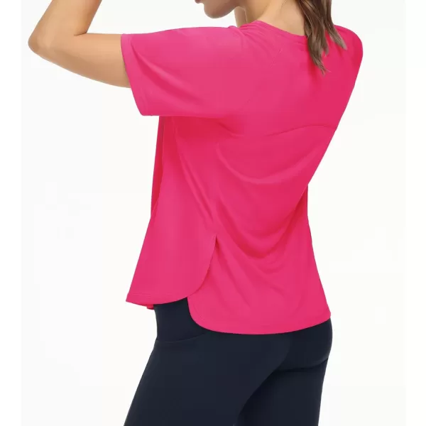 THE GYM PEOPLE Womens Short Sleeve Workout Shirts Breathable Yoga TShirts with Side Slits Athletic Tee TopsBright Pink