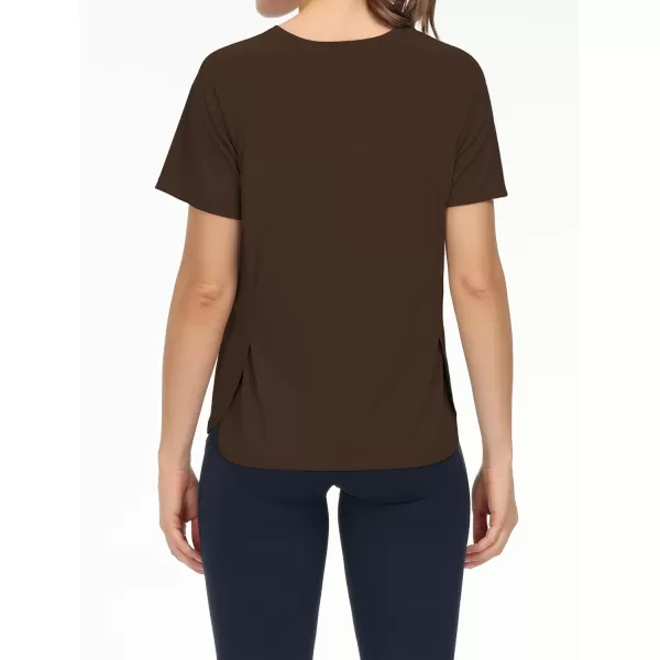 THE GYM PEOPLE Womens Short Sleeve Workout Shirts Breathable Yoga TShirts with Side Slits Athletic Tee TopsBrown