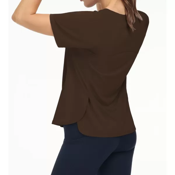 THE GYM PEOPLE Womens Short Sleeve Workout Shirts Breathable Yoga TShirts with Side Slits Athletic Tee TopsBrown
