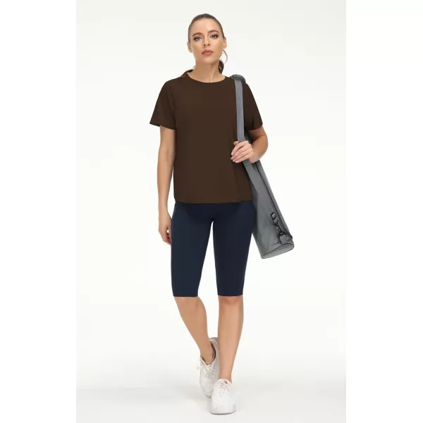 THE GYM PEOPLE Womens Short Sleeve Workout Shirts Breathable Yoga TShirts with Side Slits Athletic Tee TopsBrown