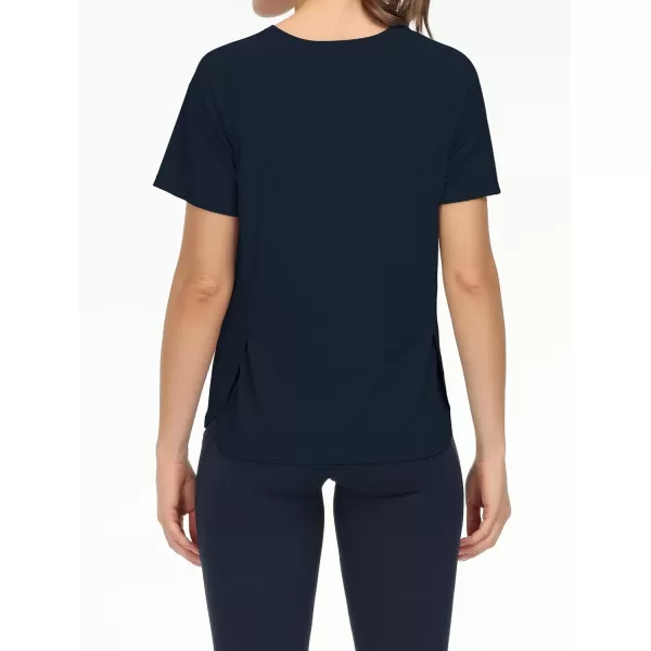 THE GYM PEOPLE Womens Short Sleeve Workout Shirts Breathable Yoga TShirts with Side Slits Athletic Tee TopsDark Blue