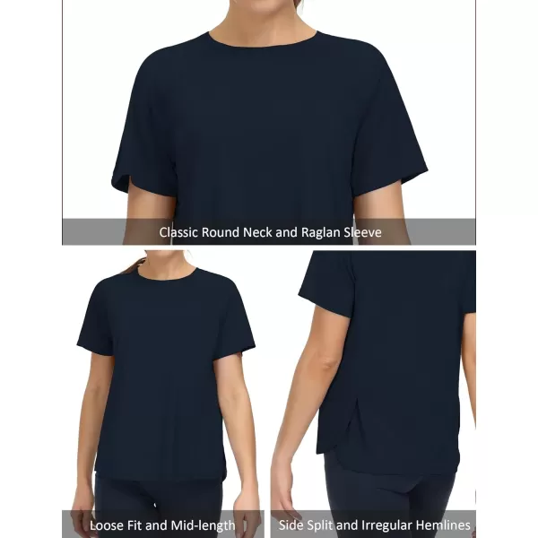 THE GYM PEOPLE Womens Short Sleeve Workout Shirts Breathable Yoga TShirts with Side Slits Athletic Tee TopsDark Blue