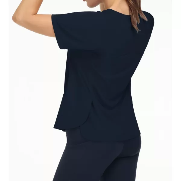 THE GYM PEOPLE Womens Short Sleeve Workout Shirts Breathable Yoga TShirts with Side Slits Athletic Tee TopsDark Blue