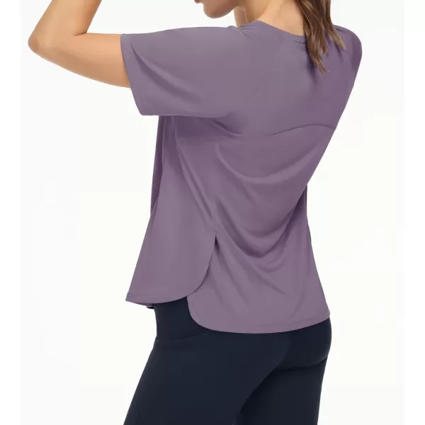 THE GYM PEOPLE Womens Short Sleeve Workout Shirts Breathable Yoga TShirts with Side Slits Athletic Tee TopsGrey Purple
