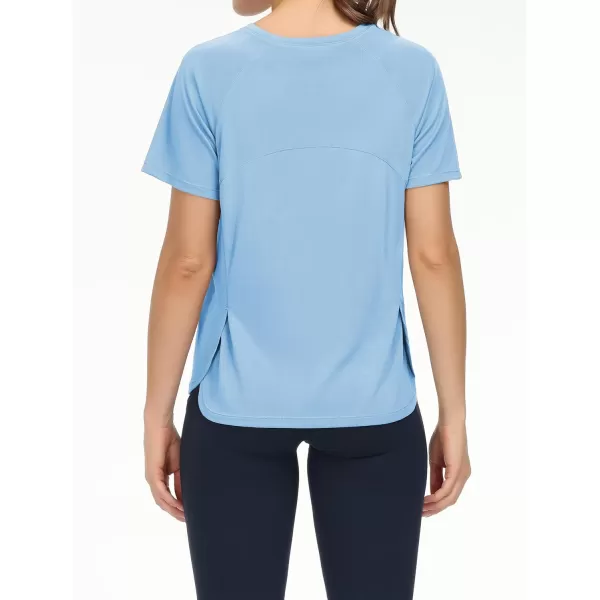 THE GYM PEOPLE Womens Short Sleeve Workout Shirts Breathable Yoga TShirts with Side Slits Athletic Tee TopsLight Blue