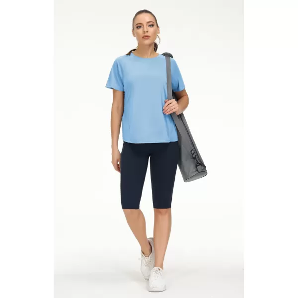 THE GYM PEOPLE Womens Short Sleeve Workout Shirts Breathable Yoga TShirts with Side Slits Athletic Tee TopsLight Blue