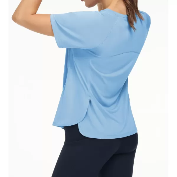 THE GYM PEOPLE Womens Short Sleeve Workout Shirts Breathable Yoga TShirts with Side Slits Athletic Tee TopsLight Blue