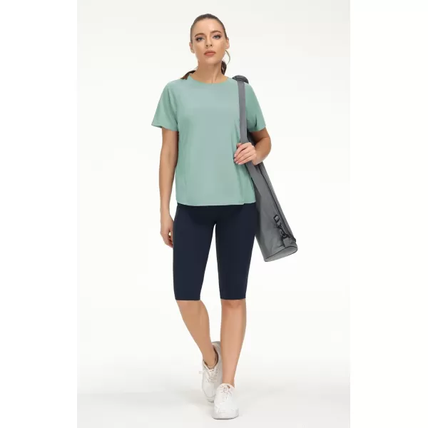 THE GYM PEOPLE Womens Short Sleeve Workout Shirts Breathable Yoga TShirts with Side Slits Athletic Tee TopsLight Green
