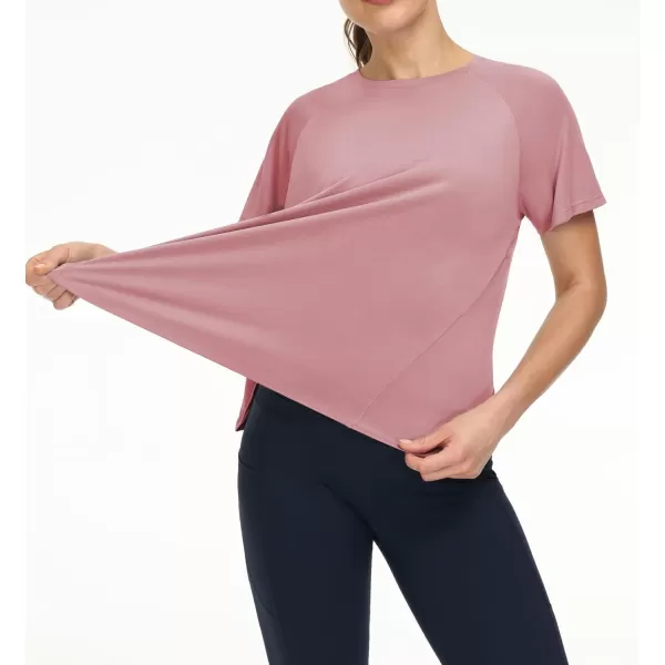 THE GYM PEOPLE Womens Short Sleeve Workout Shirts Breathable Yoga TShirts with Side Slits Athletic Tee TopsRose Red