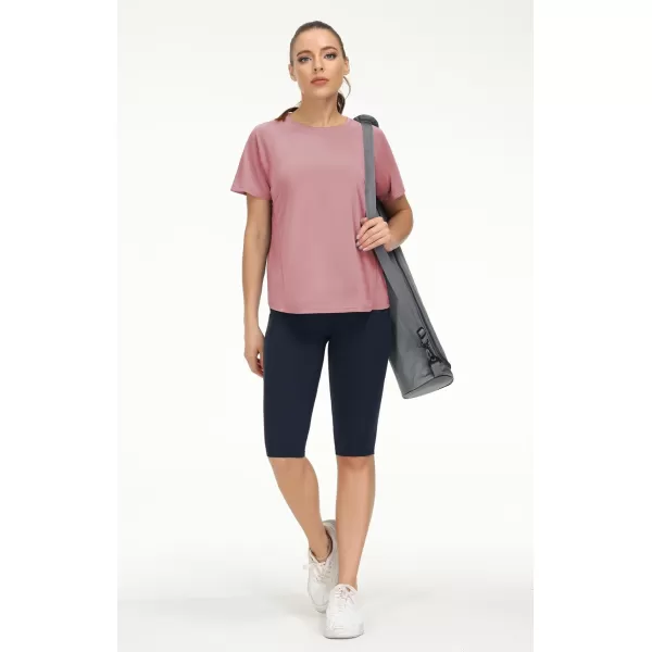 THE GYM PEOPLE Womens Short Sleeve Workout Shirts Breathable Yoga TShirts with Side Slits Athletic Tee TopsRose Red