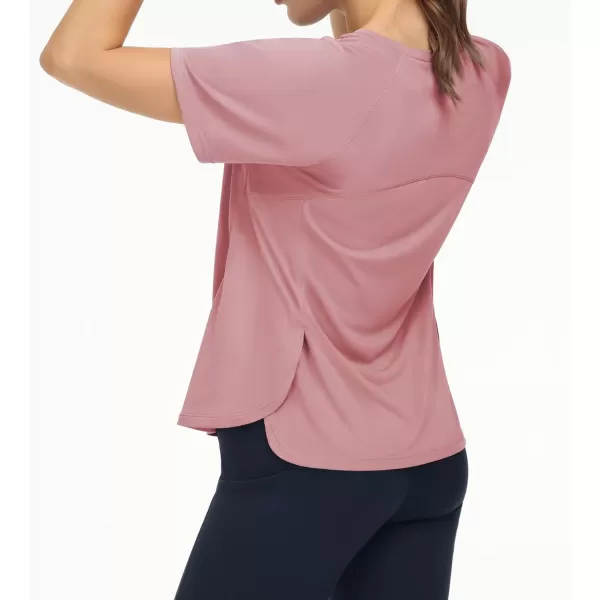 THE GYM PEOPLE Womens Short Sleeve Workout Shirts Breathable Yoga TShirts with Side Slits Athletic Tee TopsRose Red