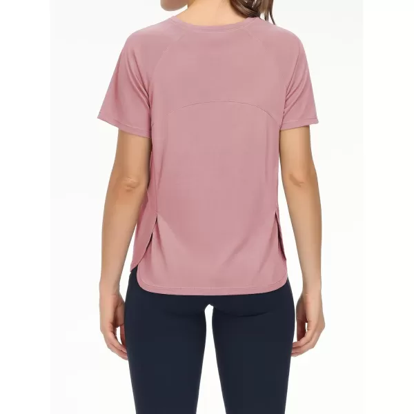 THE GYM PEOPLE Womens Short Sleeve Workout Shirts Breathable Yoga TShirts with Side Slits Athletic Tee TopsRose Red