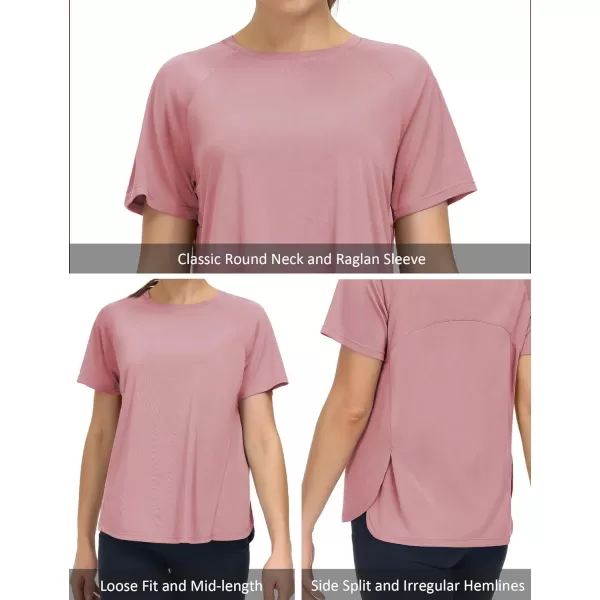 THE GYM PEOPLE Womens Short Sleeve Workout Shirts Breathable Yoga TShirts with Side Slits Athletic Tee TopsRose Red
