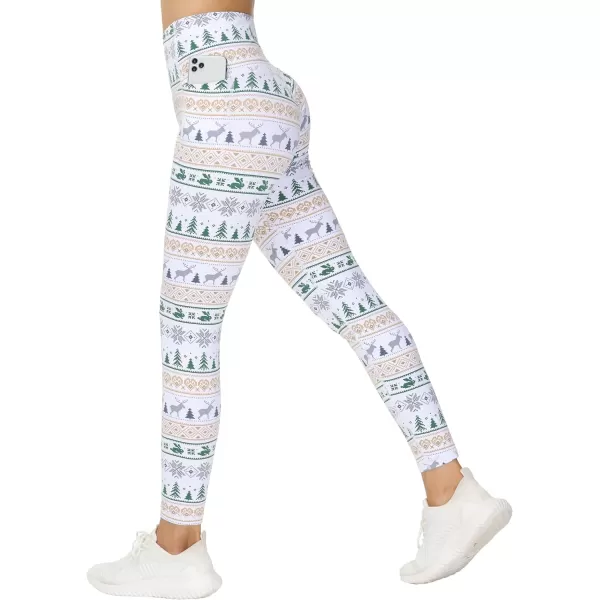 THE GYM PEOPLE Womens Yoga Pants High Waist with Pocket Tummy ControlXmas Print White