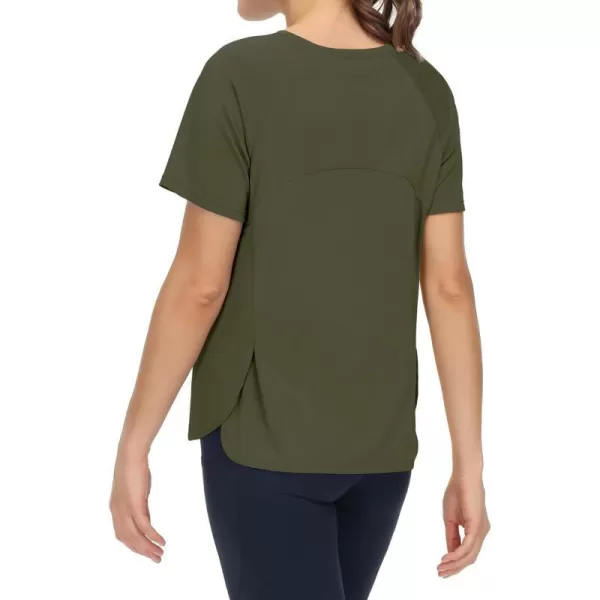 THE GYM PEOPLE Womens Short Sleeve Workout Shirts Breathable Yoga TShirts with Side Slits Athletic Tee TopsArmy Green