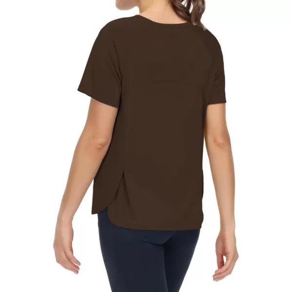THE GYM PEOPLE Womens Short Sleeve Workout Shirts Breathable Yoga TShirts with Side Slits Athletic Tee TopsBrown