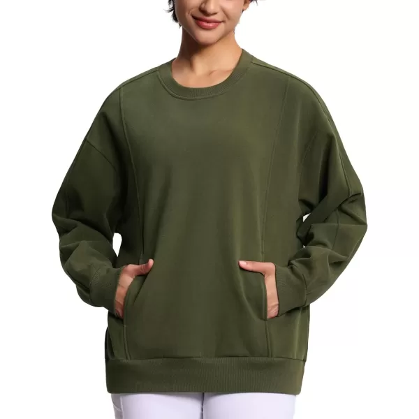 THE GYM PEOPLE Womens Fleece Pullover Sweatshirt Loose Boxy Lounge Long Sleeve Workout Shirt with PocketBean Brown