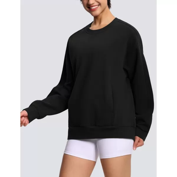 THE GYM PEOPLE Womens Fleece Pullover Sweatshirt Loose Boxy Lounge Long Sleeve Workout Shirt with PocketBlack