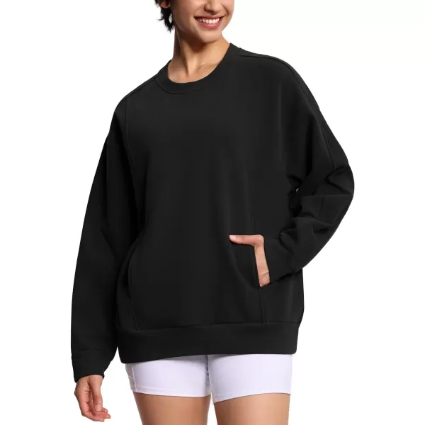THE GYM PEOPLE Womens Fleece Pullover Sweatshirt Loose Boxy Lounge Long Sleeve Workout Shirt with PocketBlack