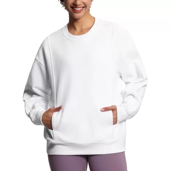 THE GYM PEOPLE Womens Fleece Pullover Sweatshirt Loose Boxy Lounge Long Sleeve Workout Shirt with PocketWhite