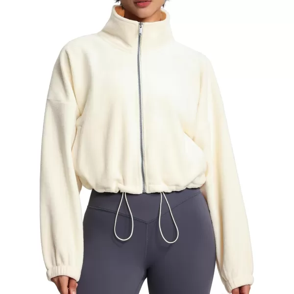 THE GYM PEOPLE Womens Fleece Short Jacket Full Zip Stand Collar Warm Winter Sherpa Crop Coats with Drawstring HemBeige