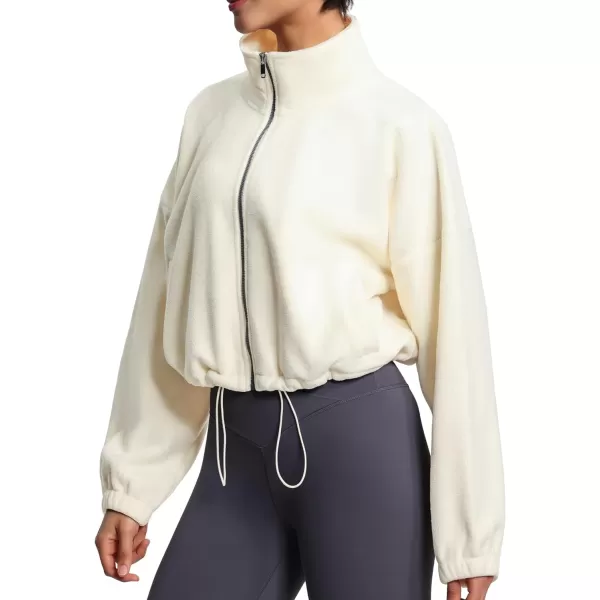 THE GYM PEOPLE Womens Fleece Short Jacket Full Zip Stand Collar Warm Winter Sherpa Crop Coats with Drawstring HemBeige