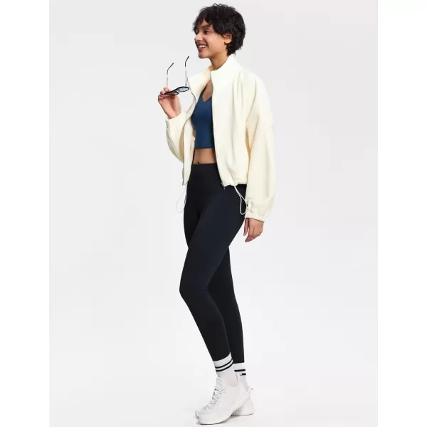 THE GYM PEOPLE Womens Fleece Short Jacket Full Zip Stand Collar Warm Winter Sherpa Crop Coats with Drawstring HemBeige