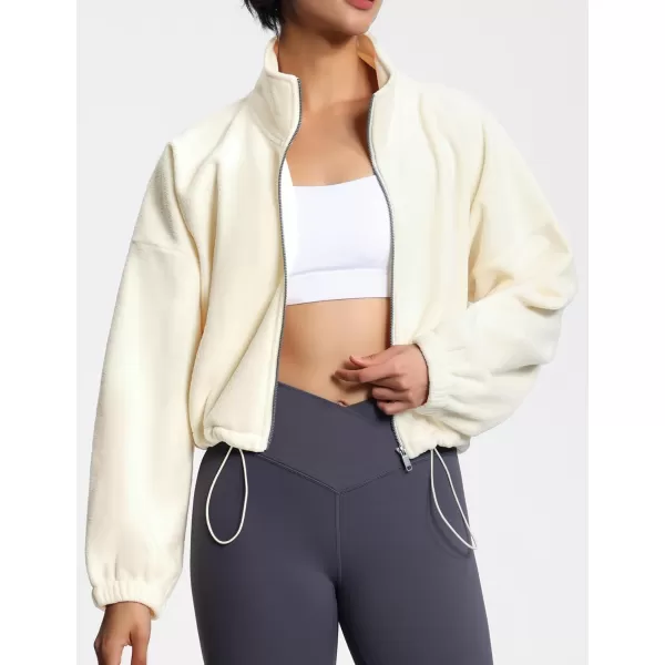 THE GYM PEOPLE Womens Fleece Short Jacket Full Zip Stand Collar Warm Winter Sherpa Crop Coats with Drawstring HemBeige