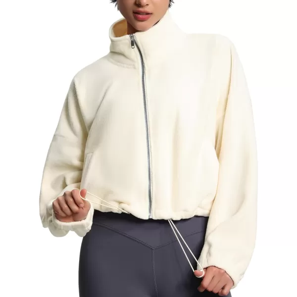 THE GYM PEOPLE Womens Fleece Short Jacket Full Zip Stand Collar Warm Winter Sherpa Crop Coats with Drawstring HemBeige