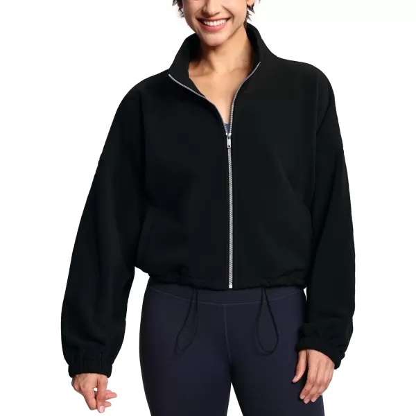 THE GYM PEOPLE Womens Fleece Short Jacket Full Zip Stand Collar Warm Winter Sherpa Crop Coats with Drawstring HemBlack