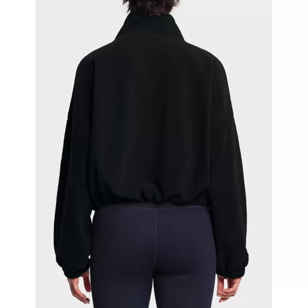THE GYM PEOPLE Womens Fleece Short Jacket Full Zip Stand Collar Warm Winter Sherpa Crop Coats with Drawstring HemBlack