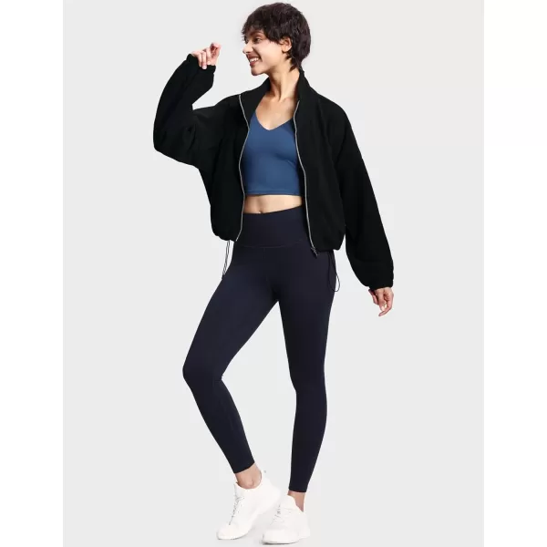 THE GYM PEOPLE Womens Fleece Short Jacket Full Zip Stand Collar Warm Winter Sherpa Crop Coats with Drawstring HemBlack