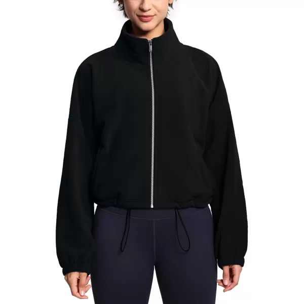 THE GYM PEOPLE Womens Fleece Short Jacket Full Zip Stand Collar Warm Winter Sherpa Crop Coats with Drawstring HemBlack