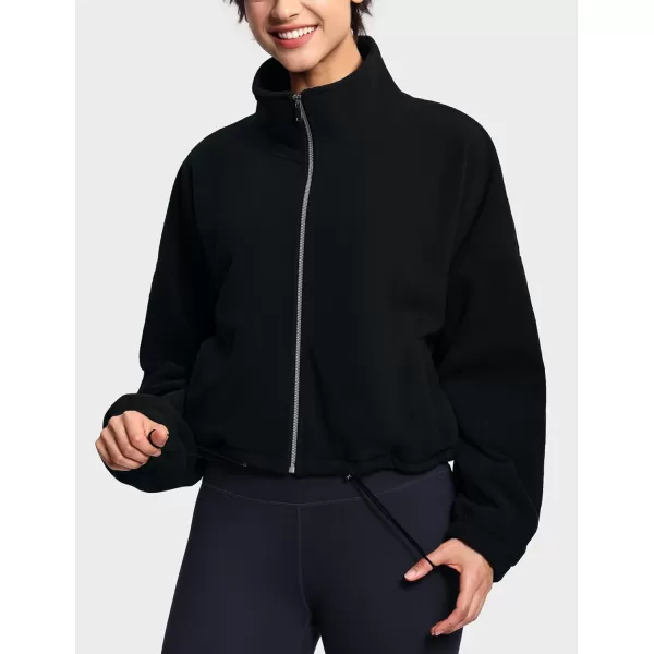 THE GYM PEOPLE Womens Fleece Short Jacket Full Zip Stand Collar Warm Winter Sherpa Crop Coats with Drawstring HemBlack
