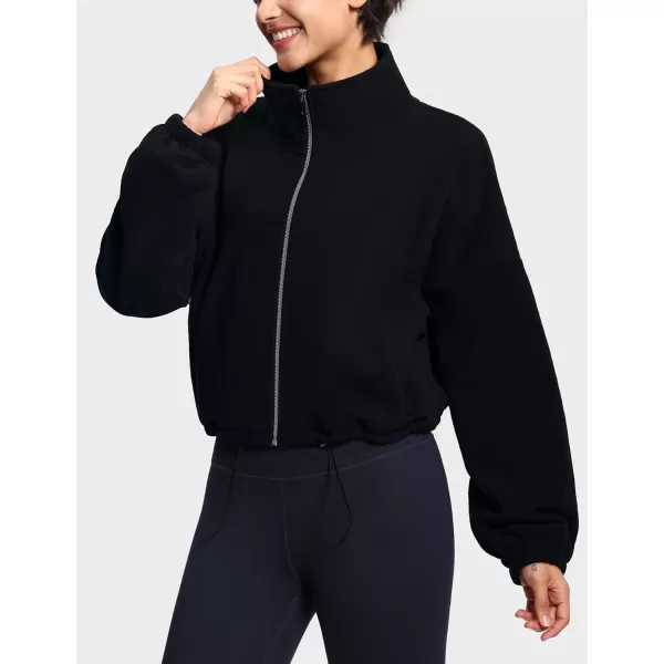THE GYM PEOPLE Womens Fleece Short Jacket Full Zip Stand Collar Warm Winter Sherpa Crop Coats with Drawstring HemBlack