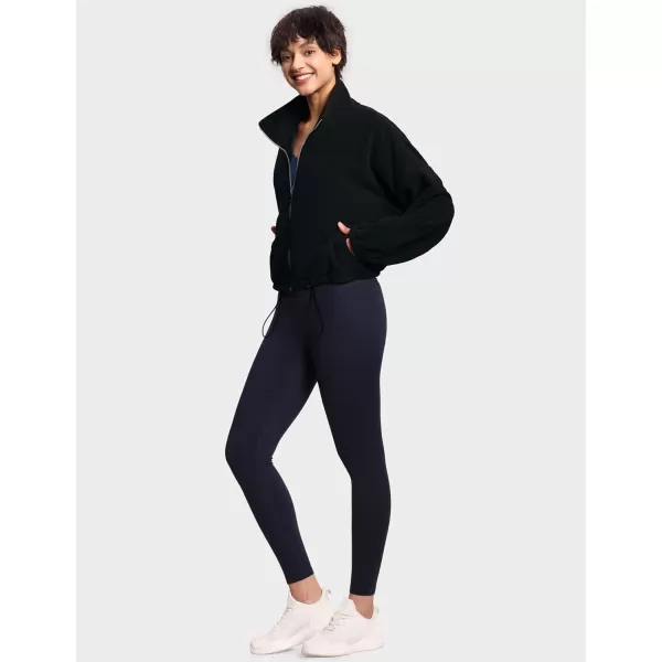 THE GYM PEOPLE Womens Fleece Short Jacket Full Zip Stand Collar Warm Winter Sherpa Crop Coats with Drawstring HemBlack