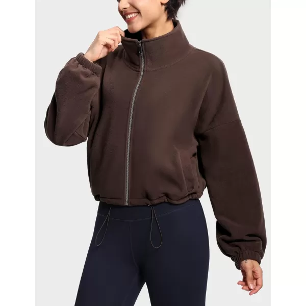 THE GYM PEOPLE Womens Fleece Short Jacket Full Zip Stand Collar Warm Winter Sherpa Crop Coats with Drawstring HemBrown