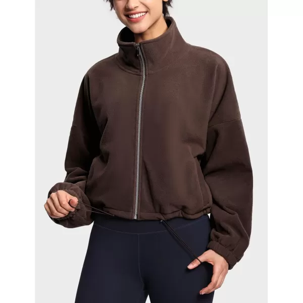 THE GYM PEOPLE Womens Fleece Short Jacket Full Zip Stand Collar Warm Winter Sherpa Crop Coats with Drawstring HemBrown