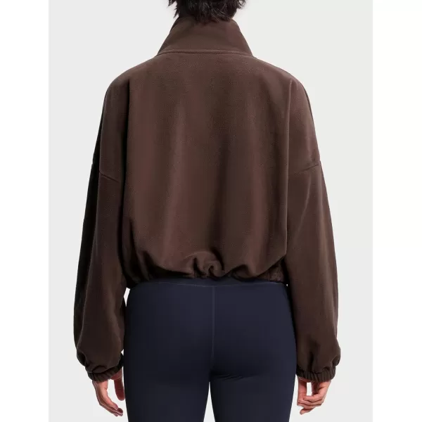 THE GYM PEOPLE Womens Fleece Short Jacket Full Zip Stand Collar Warm Winter Sherpa Crop Coats with Drawstring HemBrown