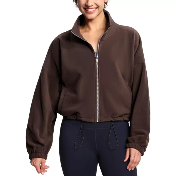 THE GYM PEOPLE Womens Fleece Short Jacket Full Zip Stand Collar Warm Winter Sherpa Crop Coats with Drawstring HemBrown