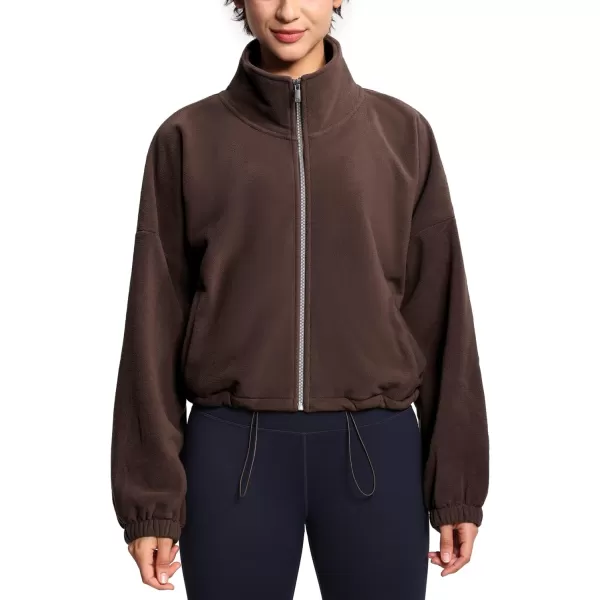 THE GYM PEOPLE Womens Fleece Short Jacket Full Zip Stand Collar Warm Winter Sherpa Crop Coats with Drawstring HemBrown