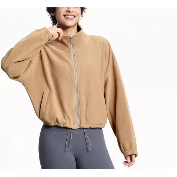 THE GYM PEOPLE Womens Fleece Short Jacket Full Zip Stand Collar Warm Winter Sherpa Crop Coats with Drawstring HemCamel