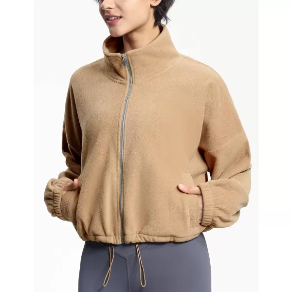 THE GYM PEOPLE Womens Fleece Short Jacket Full Zip Stand Collar Warm Winter Sherpa Crop Coats with Drawstring HemCamel
