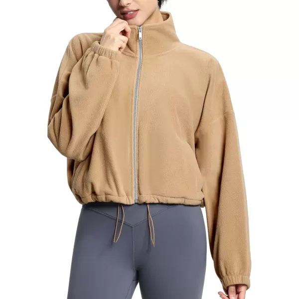 THE GYM PEOPLE Womens Fleece Short Jacket Full Zip Stand Collar Warm Winter Sherpa Crop Coats with Drawstring HemCamel
