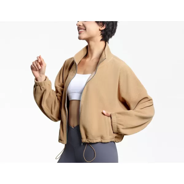 THE GYM PEOPLE Womens Fleece Short Jacket Full Zip Stand Collar Warm Winter Sherpa Crop Coats with Drawstring HemCamel