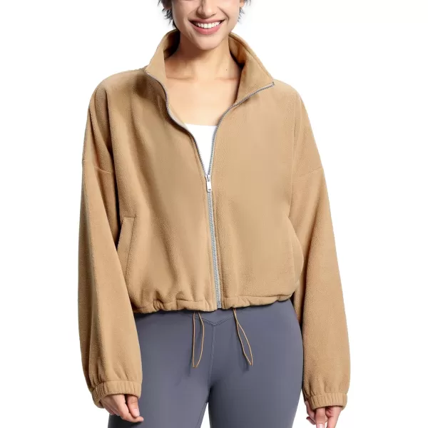 THE GYM PEOPLE Womens Fleece Short Jacket Full Zip Stand Collar Warm Winter Sherpa Crop Coats with Drawstring HemCamel
