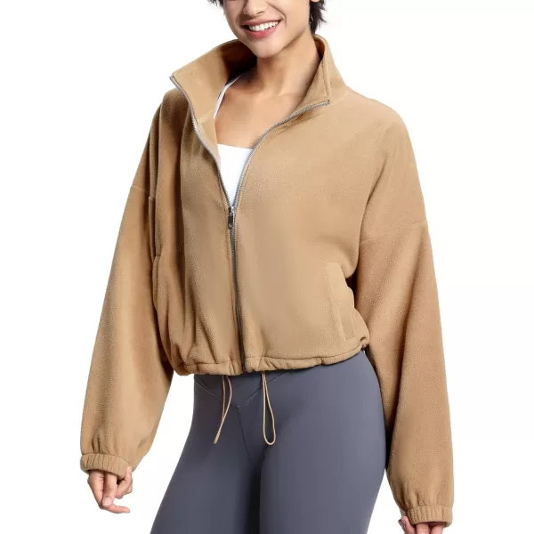 THE GYM PEOPLE Womens Fleece Short Jacket Full Zip Stand Collar Warm Winter Sherpa Crop Coats with Drawstring HemCamel