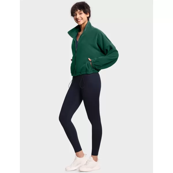 THE GYM PEOPLE Womens Fleece Short Jacket Full Zip Stand Collar Warm Winter Sherpa Crop Coats with Drawstring HemDrak Green